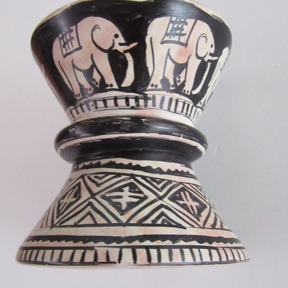 Vintage heavy ceramic candle pillar holder tribal pattern with elephants - Picture 5 of 7